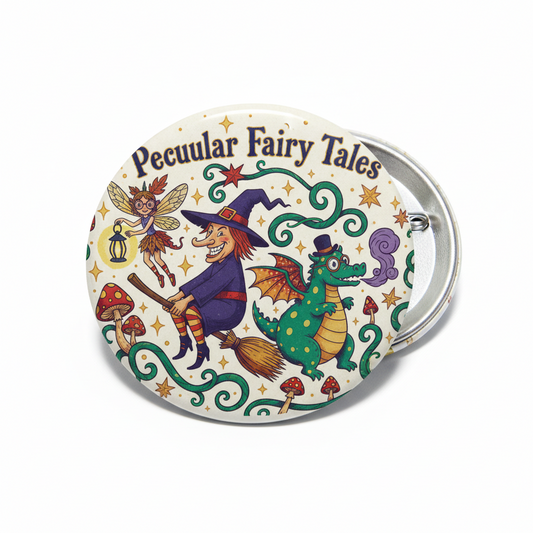 2.25-inch round fairy tales pinback button with colorful fantasy illustration