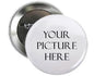 Custom pinback buttons, round white face with “YOUR PICTURE HERE” text and metal back