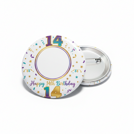 14th birthday photo template pinback button, round with 'Happy 14th Birthday' text