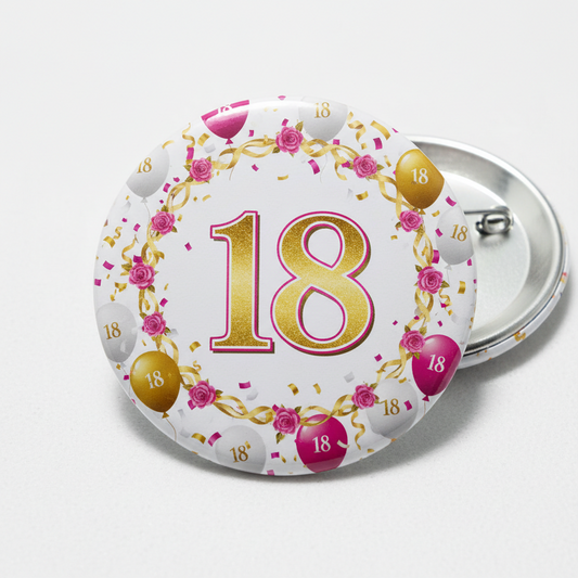 Round 18th birthday pinback button with gold-pink 18 and floral confetti
