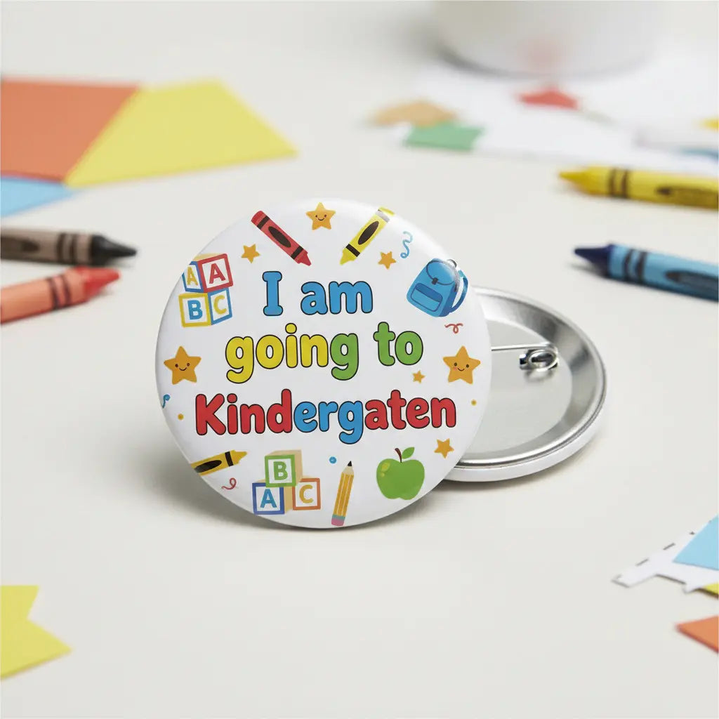 Round pinback button: 'I am going to Kindergaten' with colorful school icons