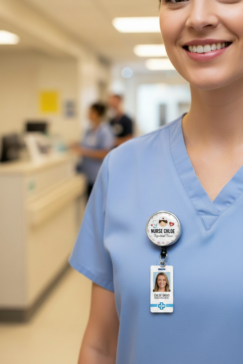 Nurse wearing blue scrub with personalized badge reel and photo ID