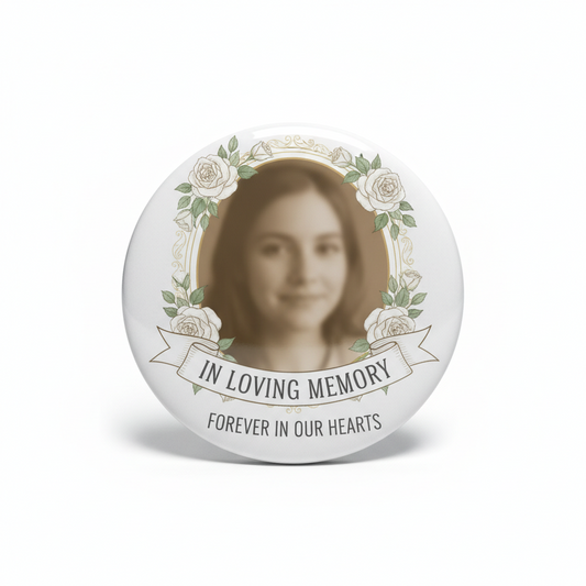 Memorial photo pinback button with floral border and “In loving memory” text
