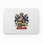 A rectangular white mouse pad with a black border, featuring a detailed family crest with a crown, blue and gold lions, and a red banner reading 'PETERSON'.