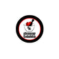 Circular pinback button with black rim, red heart, Rx pharmacy technician graphic