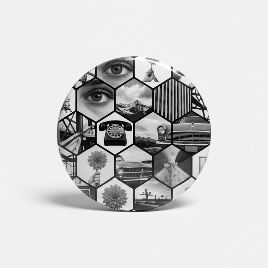 2.25-inch black and white honeycomb photo collage round pinback button