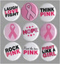 Set of 9 round breast cancer awareness pinback buttons with pink ribbon designs