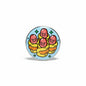 2.25-inch round pinback badge with cartoon pigs wrapped in yellow blankets on blue