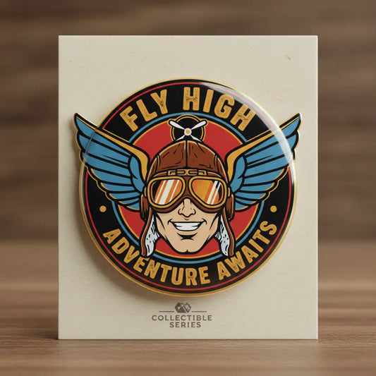 Fly High Adventure Awaits collectible series pin with pilot wearing goggles and helmet with wings