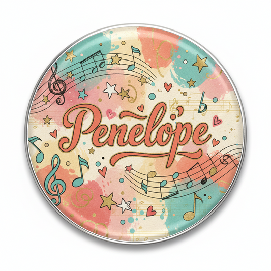 Circular pinback button with Penelope script, music notes, and hearts, colorful artwork