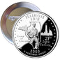 Round silver Illinois state quarter-style pinback with Lincoln portrait and 2nd State Century