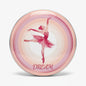 Pink dancer pinback button with ballet silhouette and "DREAM" lettering