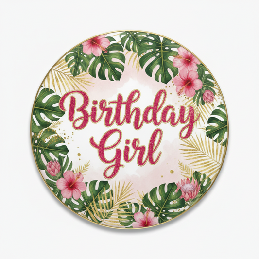 Round birthday girl pinback button with pink and gold floral jungle leaves