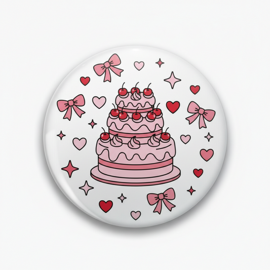 Pink retro cherry cake pinback button with bows and hearts, round 2.25-inch