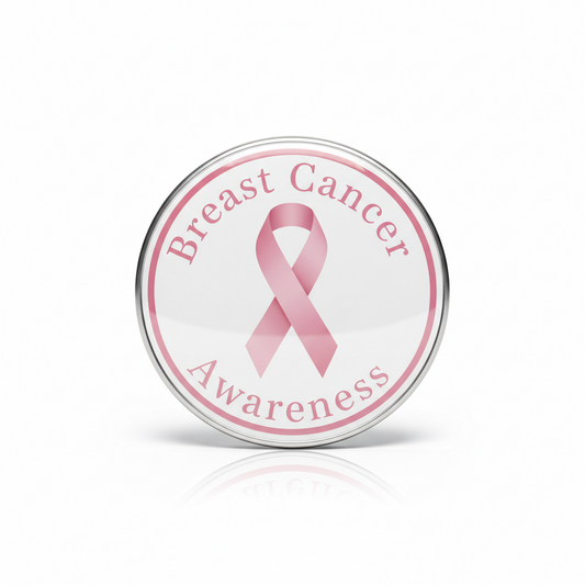 Round breast cancer awareness pin with pink ribbon and Breast Cancer Awareness text