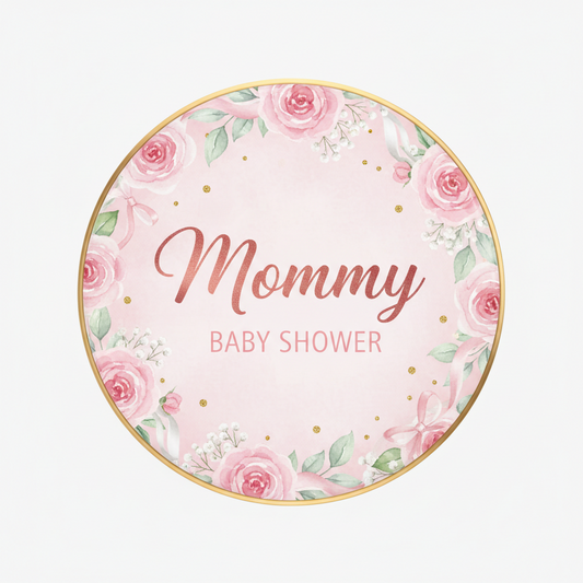 Round pink floral pinback button with “Mommy” and “BABY SHOWER” text