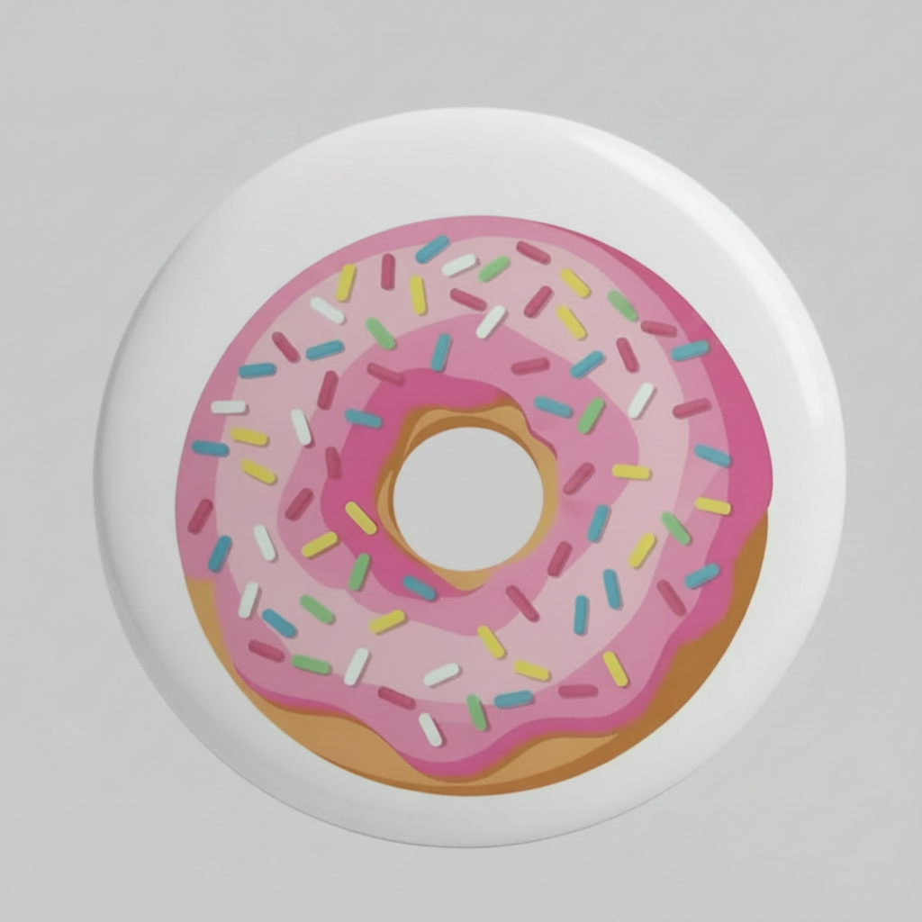 A round pin-back button badge featuring a pink frosted donut with colorful sprinkles and the words 'Birthday Party' in bold white letters with a purple outline, shown on a light gray background.