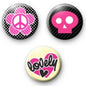 Set of 3 round pinback buttons with pink peace and skull graphics