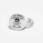 Round silver pirate joke pinback with black skull, crossbones, and Jolly Roger text