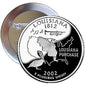 Round Louisiana state quarter-style pinback badge with 2002 coin design and clasp
