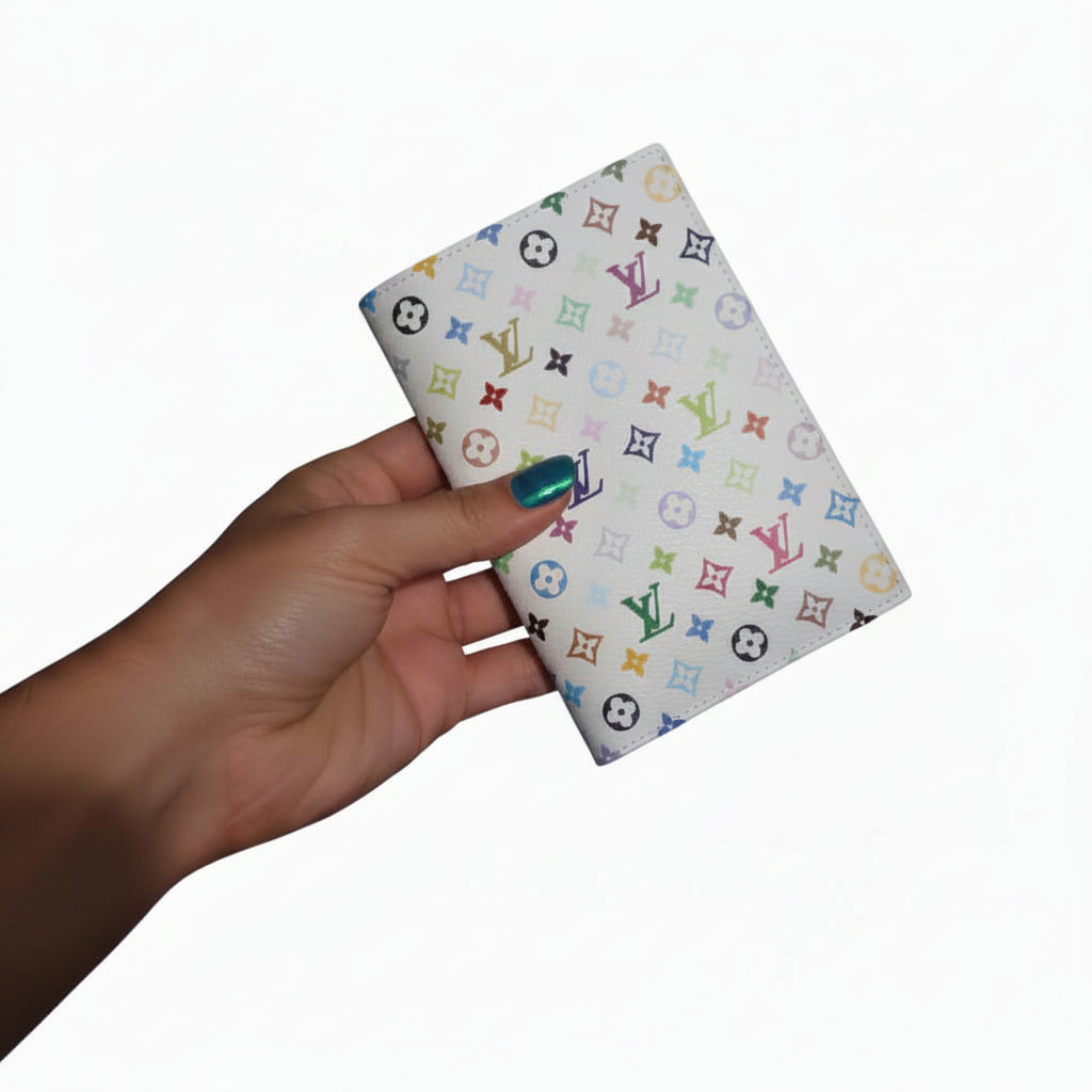 A hand holding a square white card or coaster printed with a colorful repeating monogram pattern 