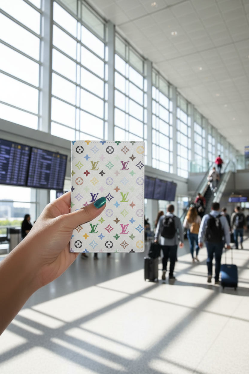 Plastic passport cover with multicolor monogram-style pattern