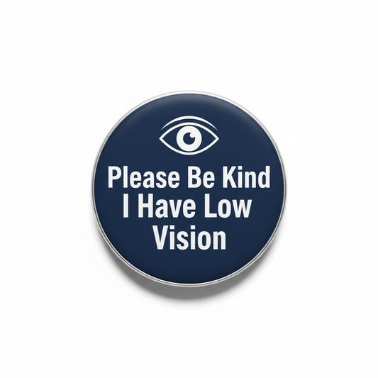 2.25-inch navy pinback button with eye icon and 'Please Be Kind I Have Low Vision'.