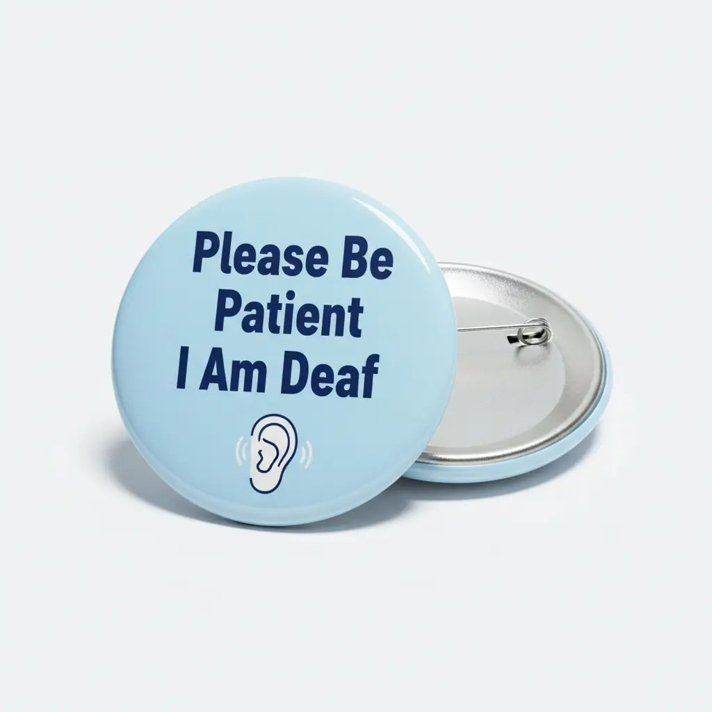 Light blue pinback button: Please Be Patient I Am Deaf, with ear icon