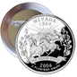 Round silver-toned Nevada 2006 quarter style pinback with horse and floral design