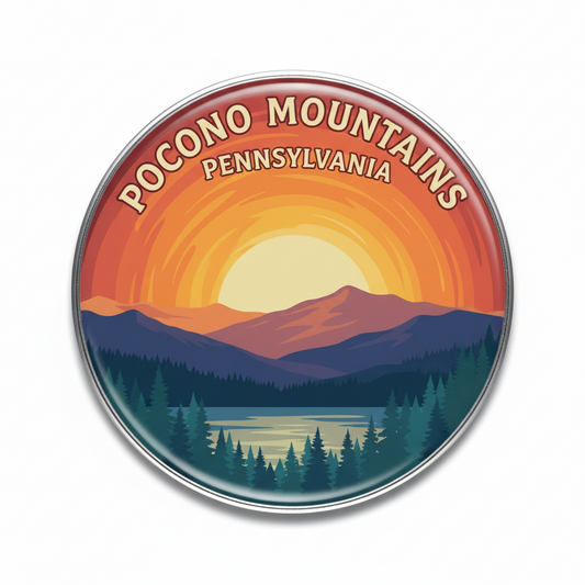 Round metal pinback button with Poconos Pennsylvania sunset landscape and trees text