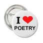 1.25-inch poetry pinback button with 'I Love Poetry' text and red heart