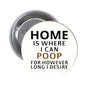 1.25-inch pinback button, circular, white face with bold black text and small gold lines