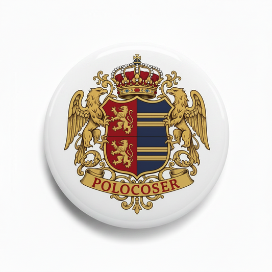 3-inch Polocoser family crest pinback button, gold crown and red shield on white