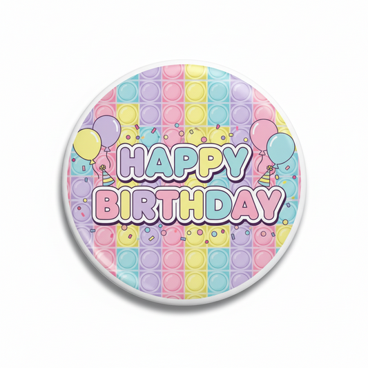 Happy Birthday pop it fidget pinback button, round with pastel bubble pattern