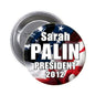 Round Sarah Palin President 2012 pinback button with stars and red white blue text