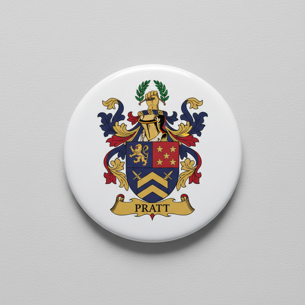 Round family crest arms magnet with colorful coat of arms and PRATT banner