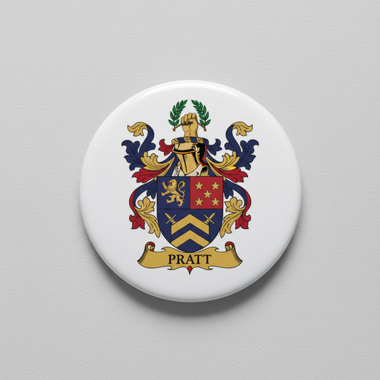 Round family crest arms magnet with colorful coat of arms and PRATT banner