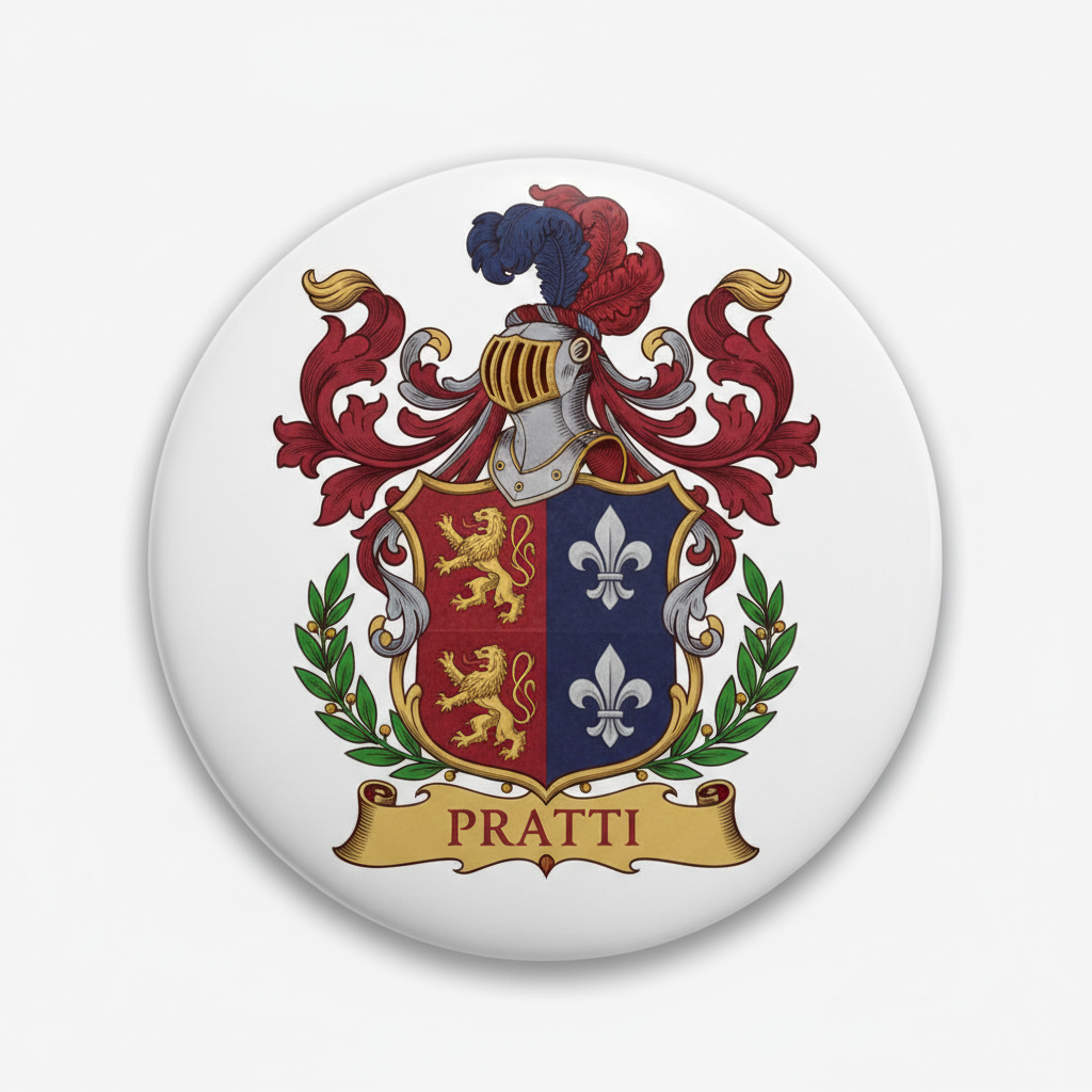 Round coat of arms pinback button with PRATTI banner, multicolor heraldic shield.