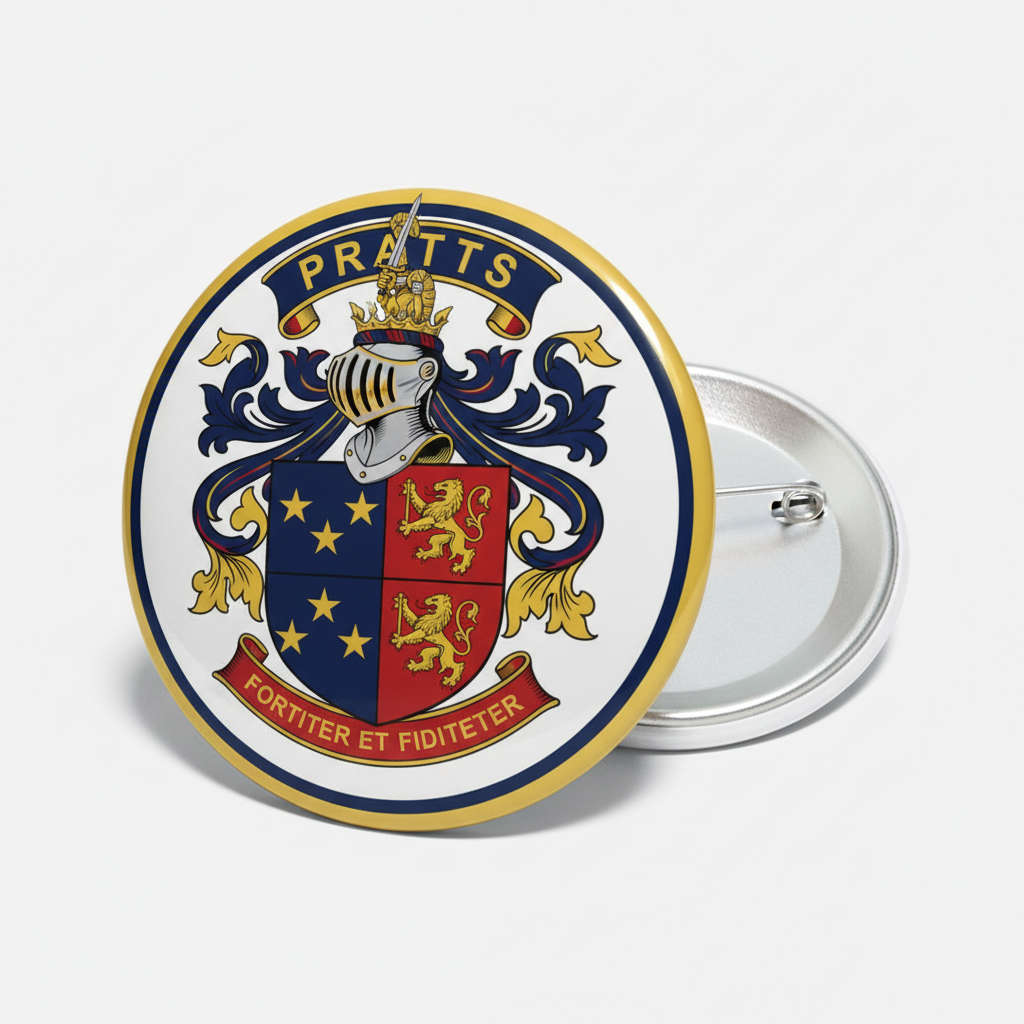 Round coat of arms pinback badge with gold border and colorful crest, silver pin back