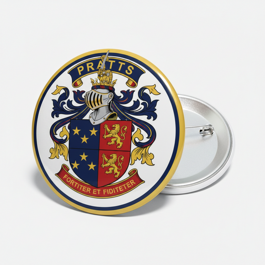 Round coat of arms pinback badge with gold border and colorful crest, silver pin back