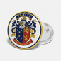Round coat of arms pinback badge with gold border and colorful crest, silver pin back