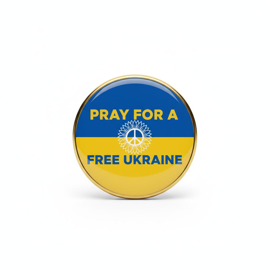 Round enamel-style pin with gold rim, blue and yellow design reading “PRAY FOR A FREE UKRAINE”