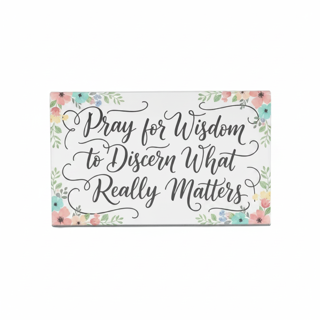 A clear acrylic block sign with black cursive text reading 'Pray for Wisdom to Discern What Really Matters,' placed on a beige fabric surface with a blurred book, beads, and cup in the background.