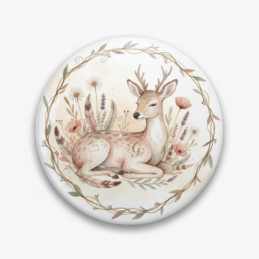 2.25-inch watercolor deer laying pin with floral wreath and monogram G