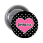 1.25-inch pinback button, black with white dots and pink heart graphic with princess