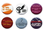 Six round pro-choice pinback buttons with feminist, peace, and slogan designs