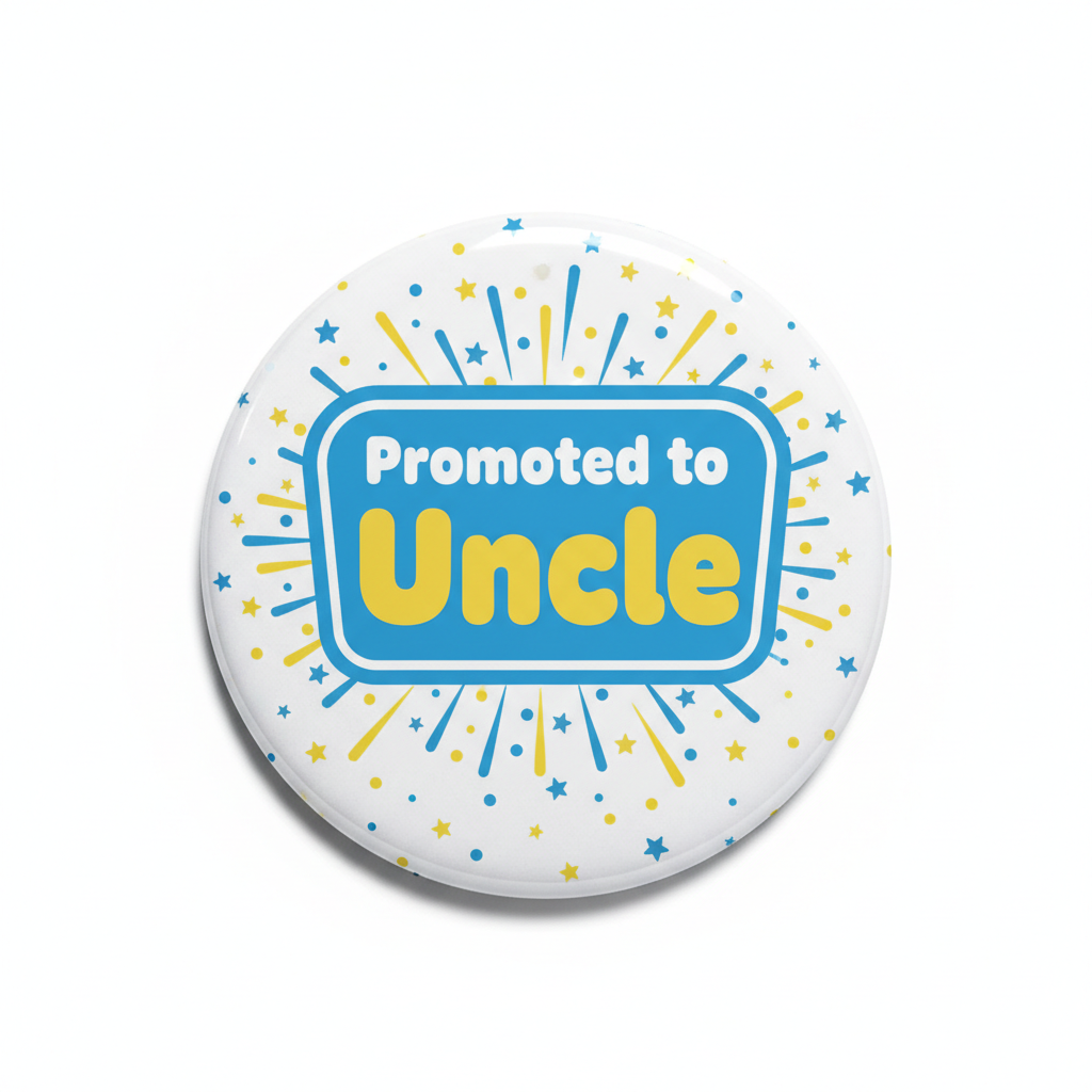 Enamel Uncle lapel pin badge, round white with blue and yellow “Promoted to Uncle” text
