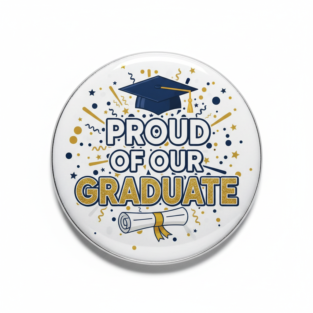 Round graduation pinback: PROUD OF OUR GRADUATE with diploma and cap