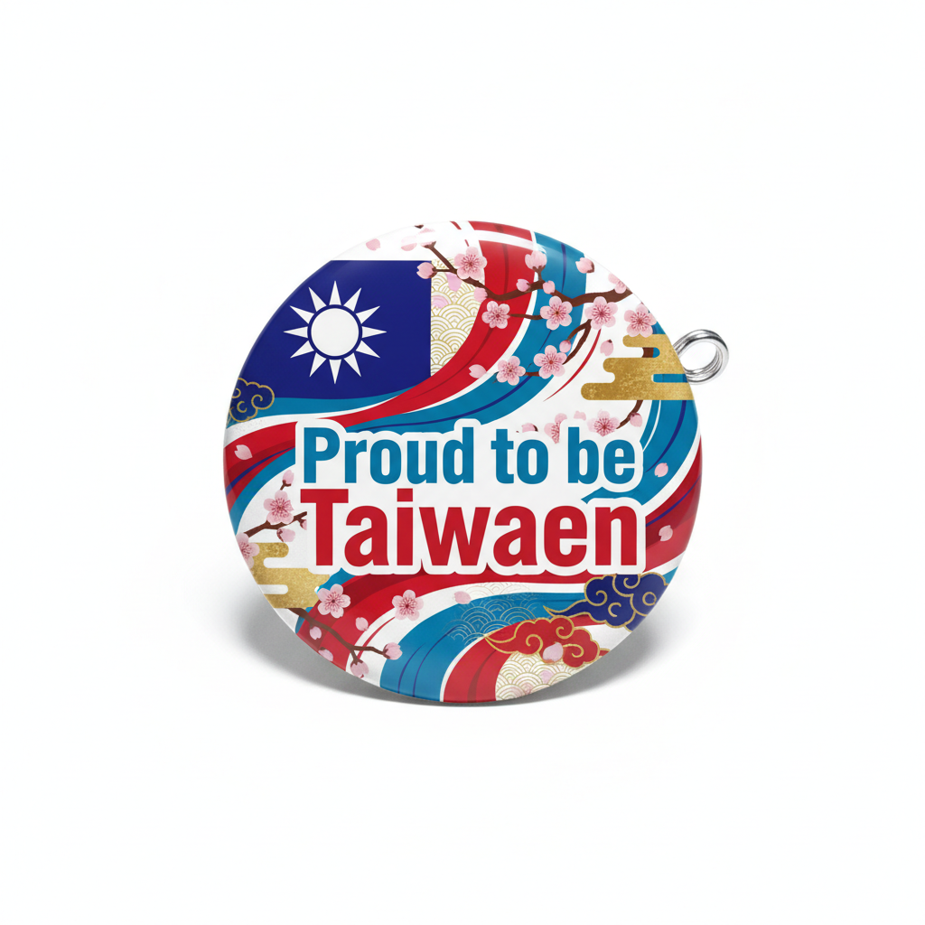 Round pinback button: “Proud to be Taiwan” with flag, blossoms, wave design