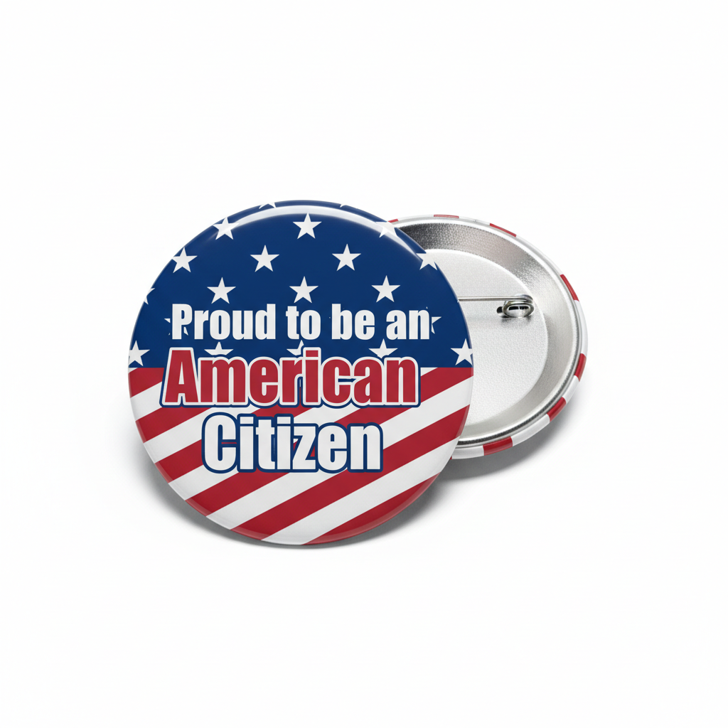 Round American citizen pin with blue star field, red stripes, and patriotic text